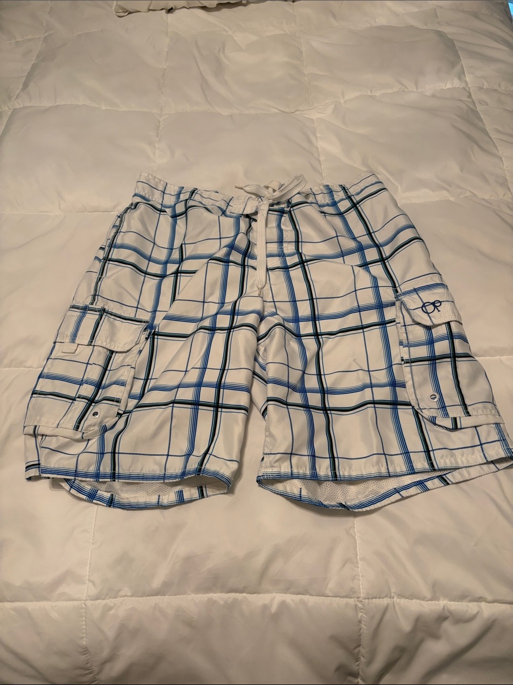 OP White and Blue Plaid Swim Board Shorts